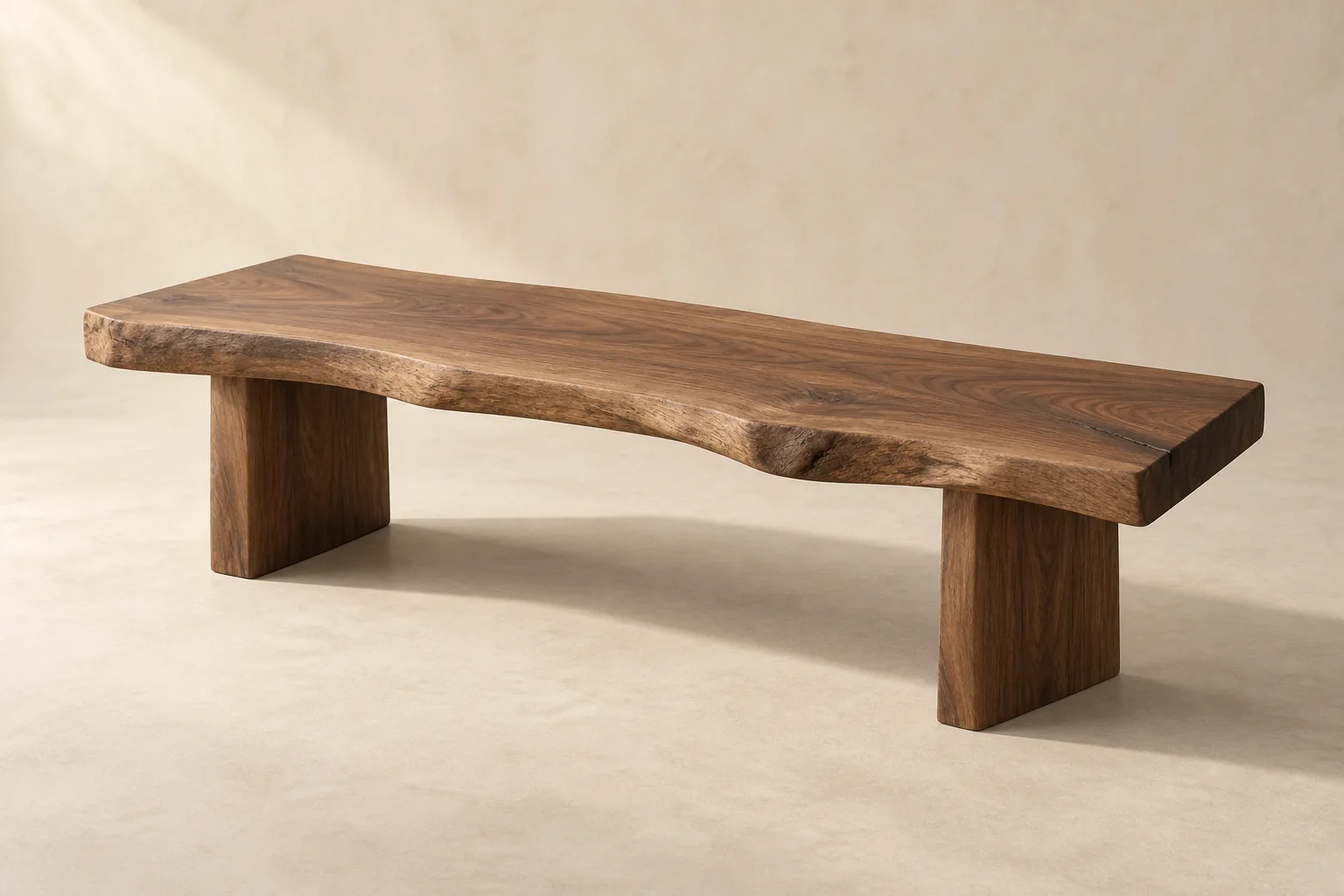 AI-generated design study of a solid walnut bench with a natural edge